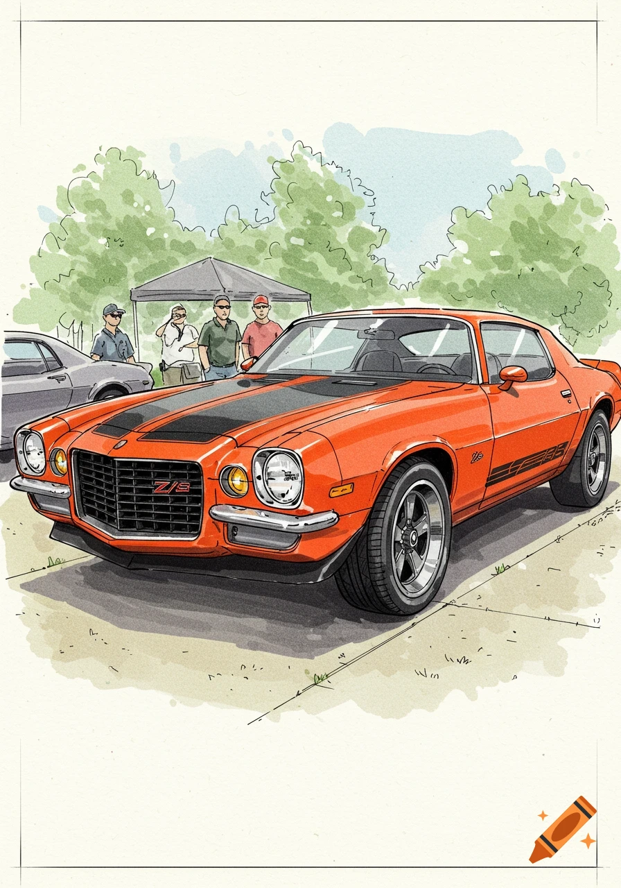 Hand-drawn illustration of an orange 1973 Camaro Z/28 at a car show.