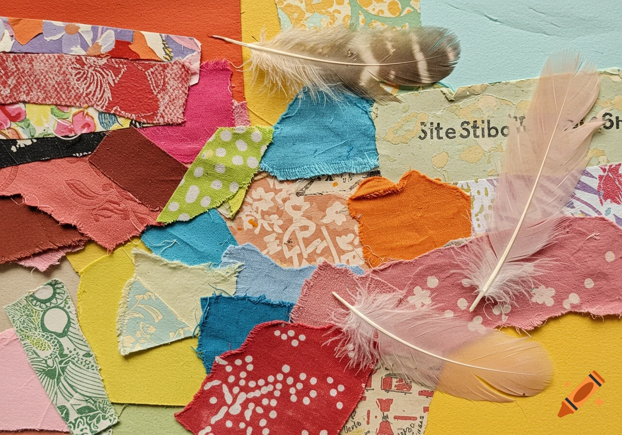 Close-up of a mixed media collage with colorful fabric scraps, textured paper, and feathers.