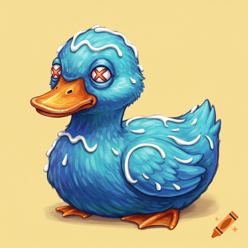 A blue rubber duck illustration, cross-eyed and covered in white icing.