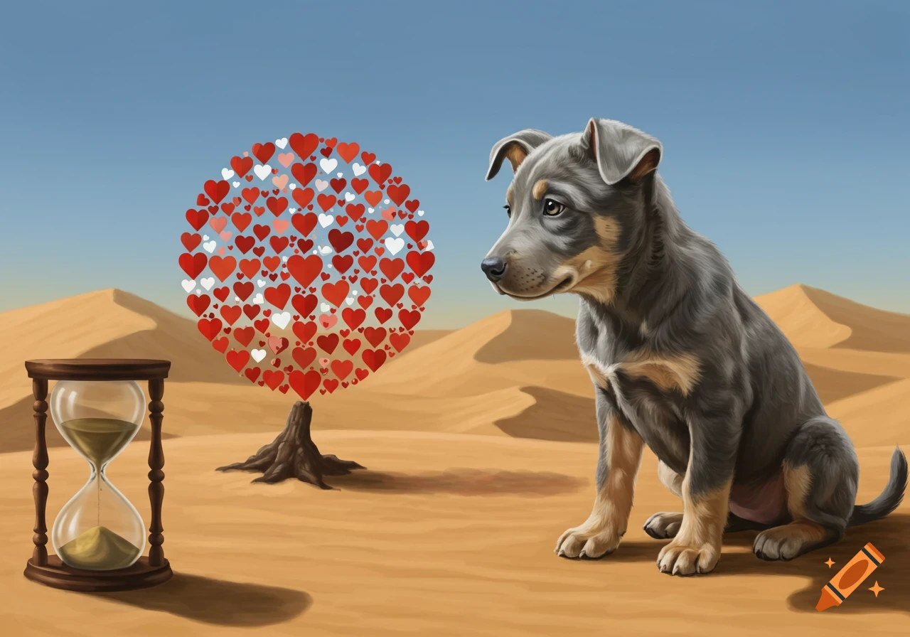 A puppy looks at a heart-shaped tree next to an hourglass in a desert.