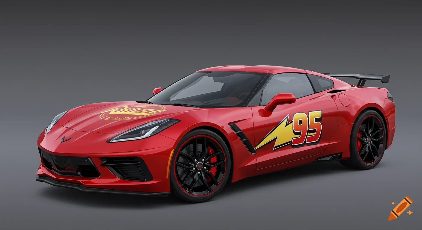 A red Corvette sports car styled with the number 95 and Rust-eze logo like Lightning McQueen