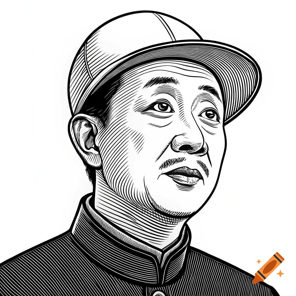 Black and white line drawing portrait of a man in a cap