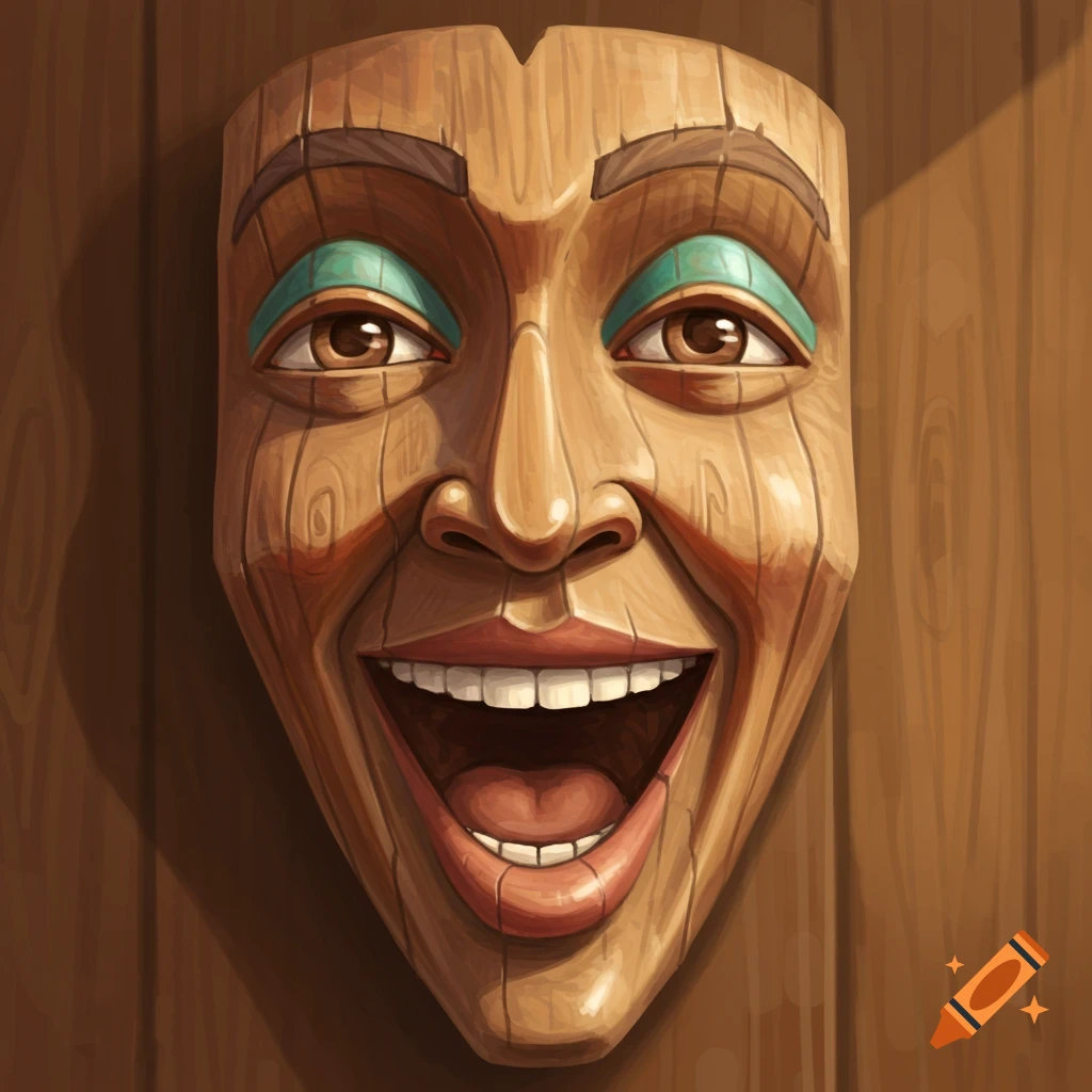 A wooden mask carved into a face with a wide, open mouth, as if singing.