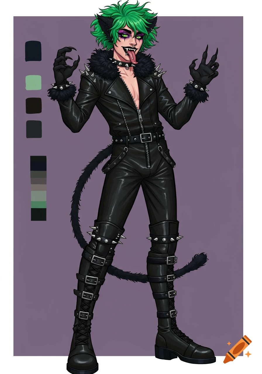 Full-body illustration of a character with green hair, cat features, and a black studded leather suit in a vibrant comic art style.