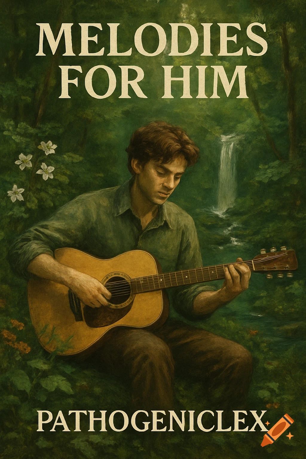A man plays an acoustic guitar in a lush green forest with a waterfall in the background, in a painterly style.