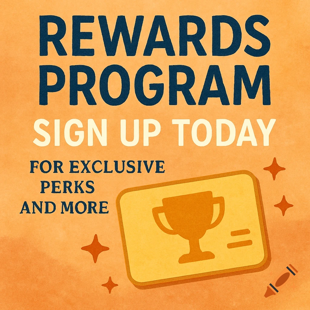 Graphic design promoting a rewards program with text and a trophy icon on an orange background.