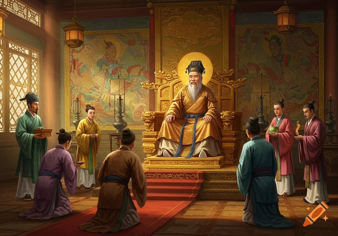 An old man on a golden throne in a grand Chinese court with attendants, illustration