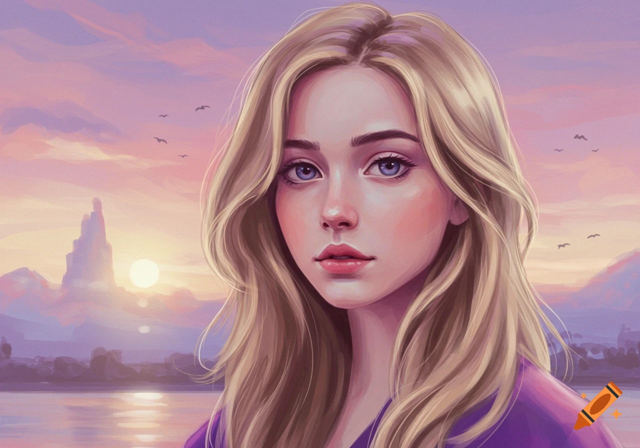 Digital painting portrait of a blonde woman with blue eyes against a fantasy sunset landscape.
