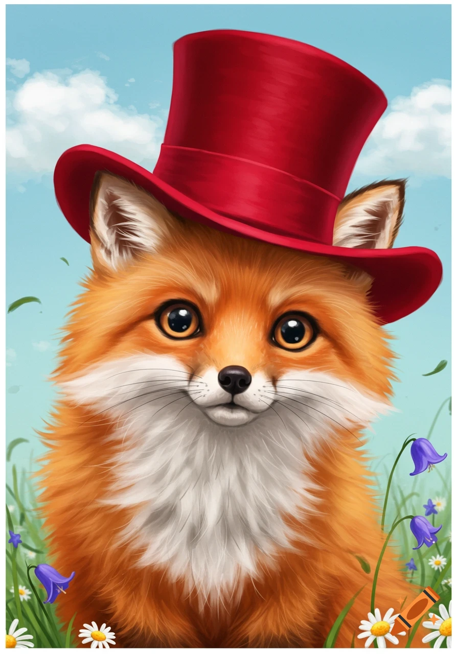 Cute illustration of a fox wearing a red top hat in a field of flowers