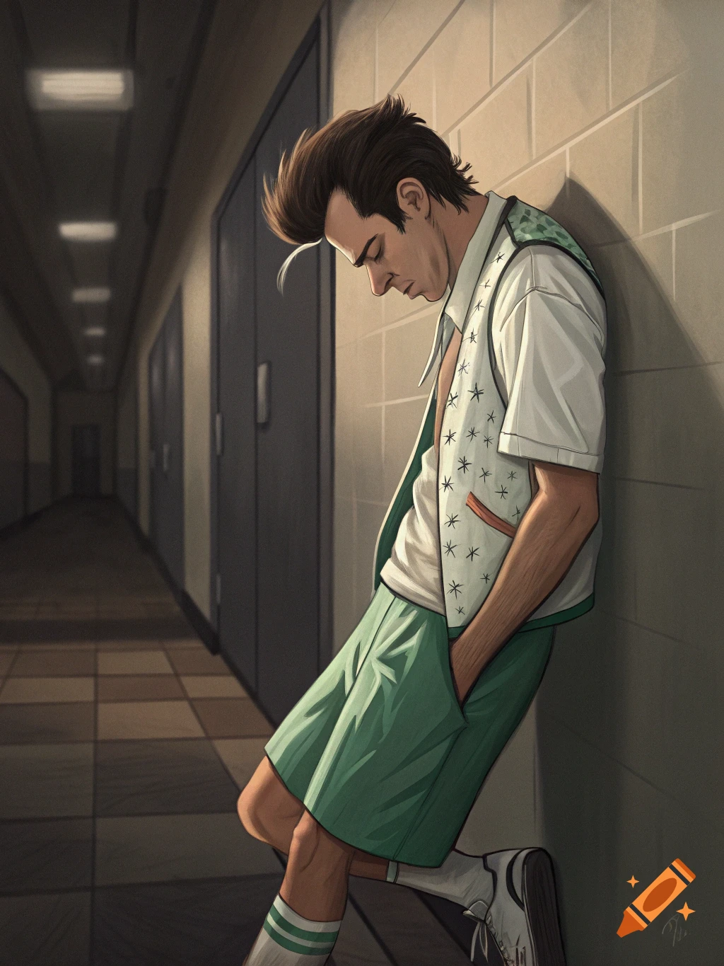 Illustration of a man with tall hair leaning against a wall in a hallway.