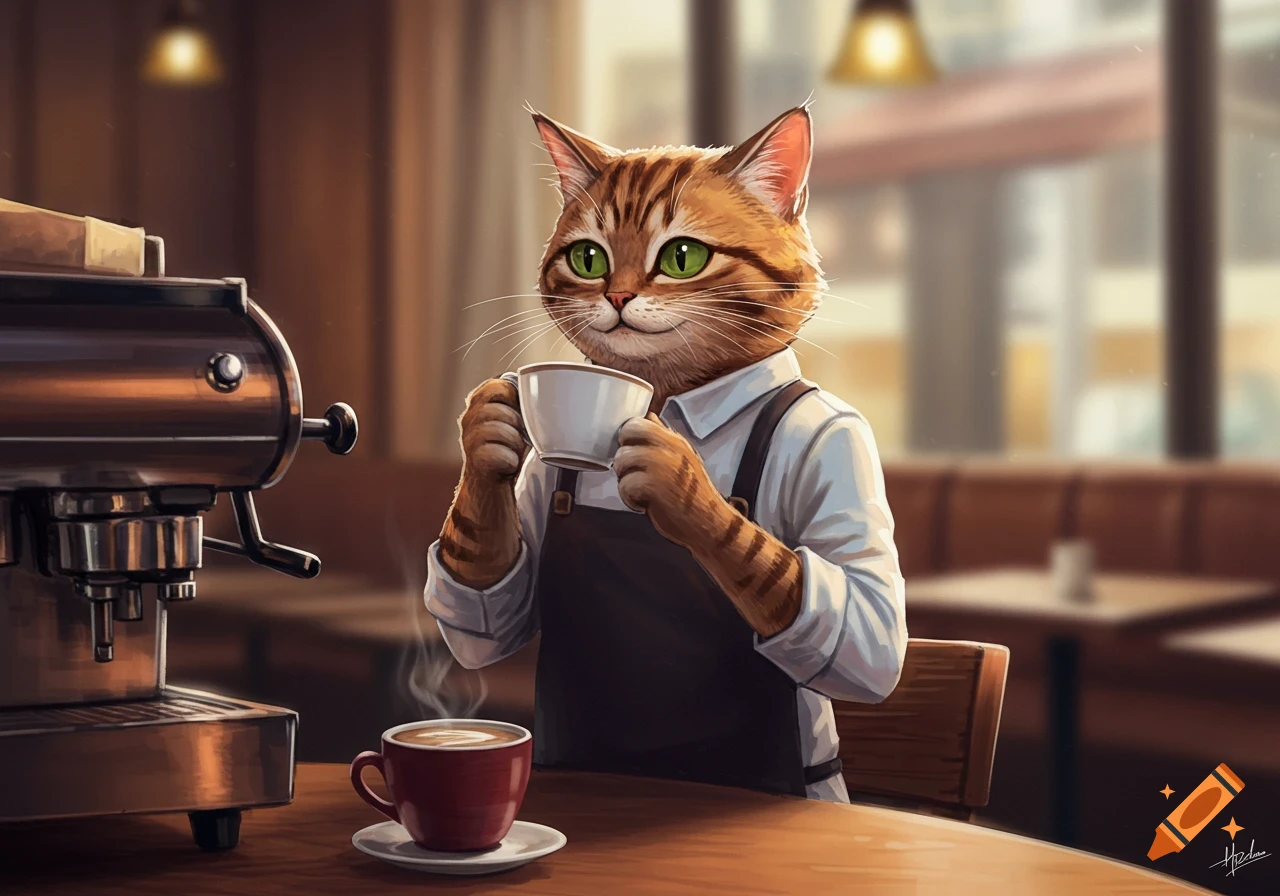 Ginger cat barista in an apron drinks coffee in a cafe next to an espresso machine.