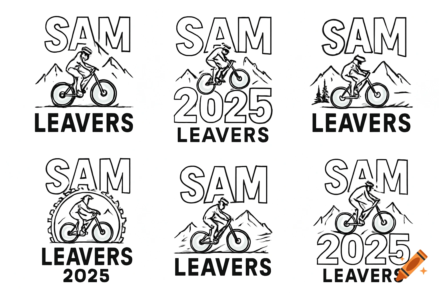 Several black and white line drawings of a person mountain biking with mountains in the background and text "SAM LEAVERS" and "2025".
