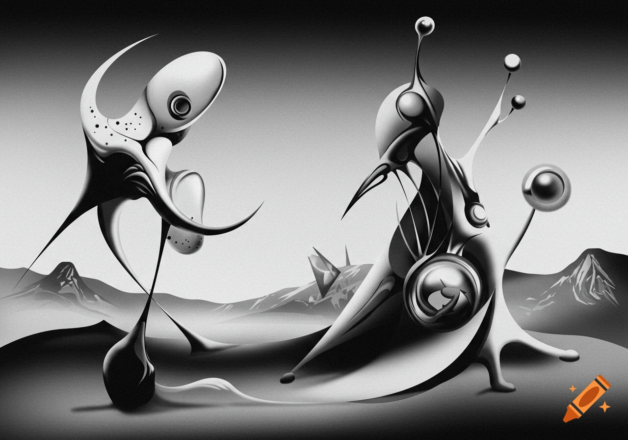 Monochrome airbrushed surreal art depicting two abstract alien figures in a landscape.