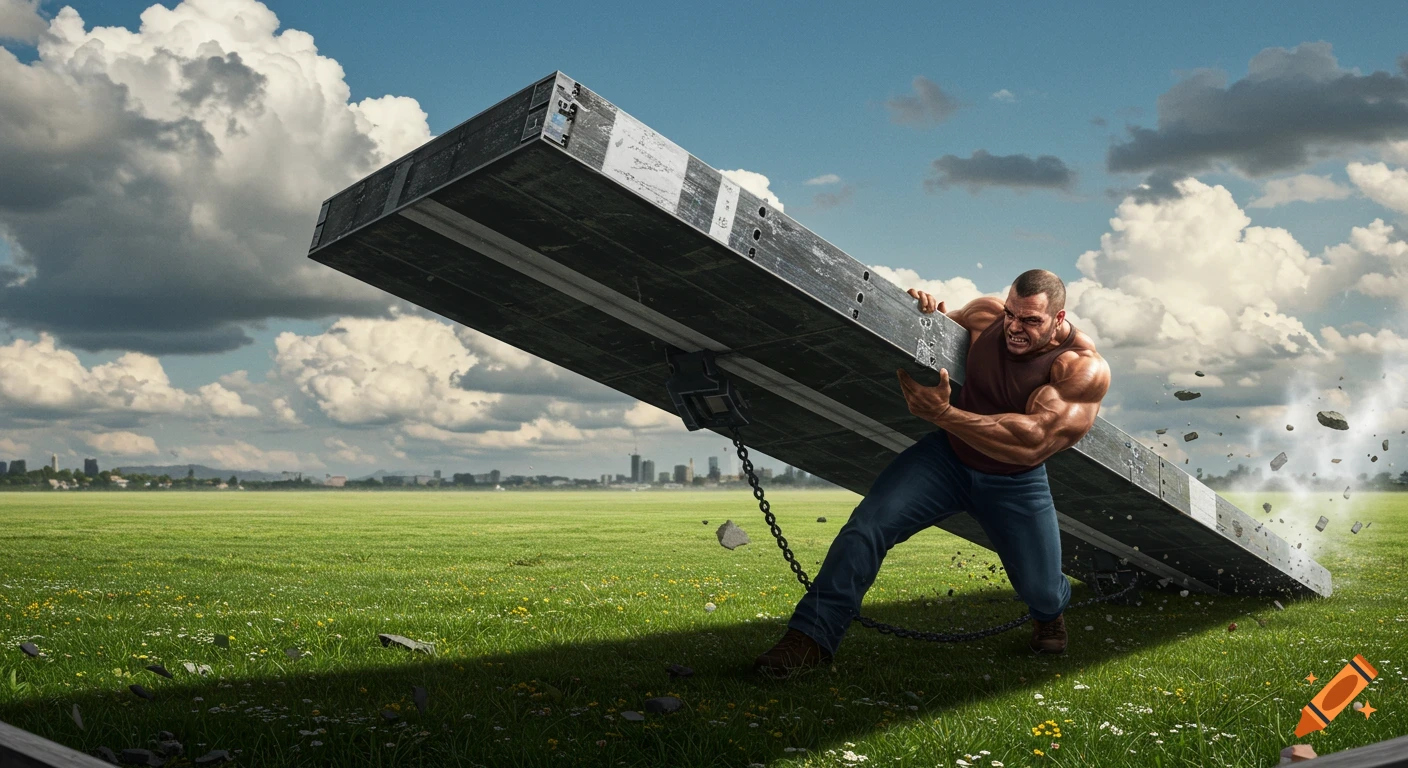 Muscular man drags a massive concrete beam across a grassy field with a cityscape in the distance. Photorealistic.