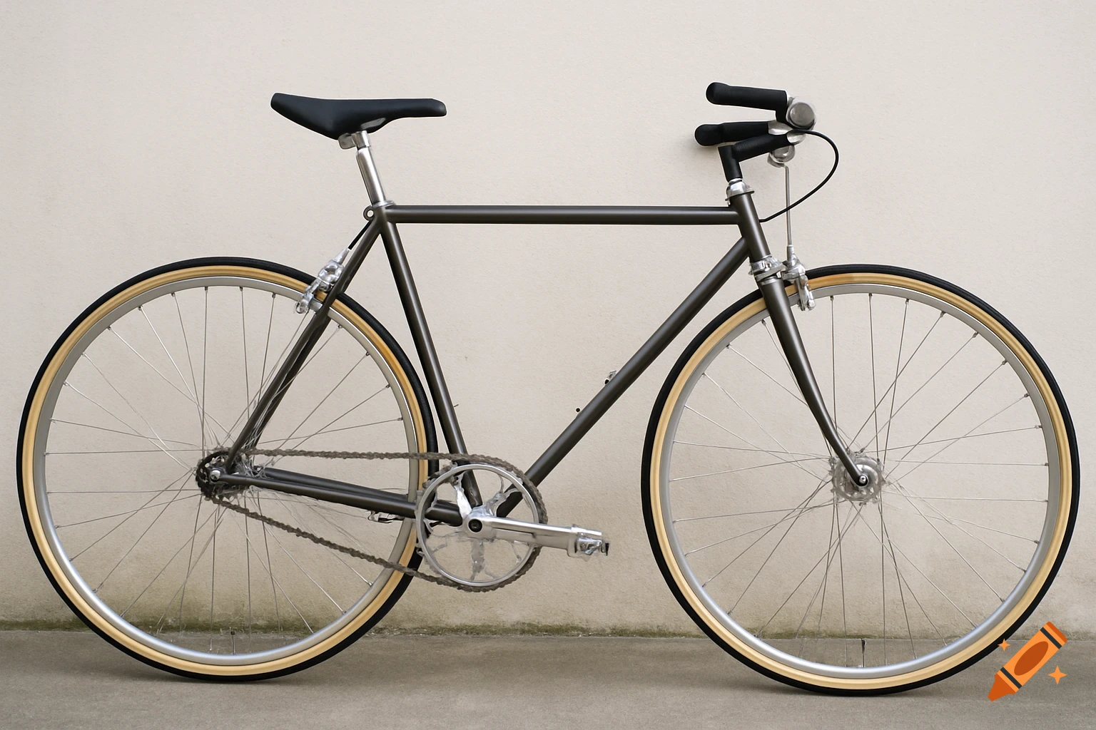 Side view of a dark grey single-speed bicycle with silver components and tan sidewall tires leaning against a wall.