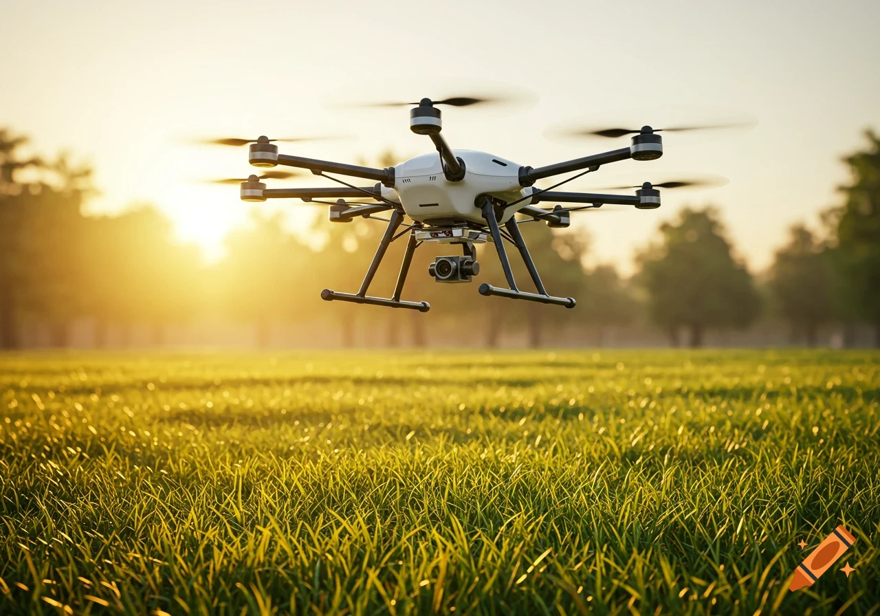 A drone flies low over a golden grassy field at sunrise or sunset.