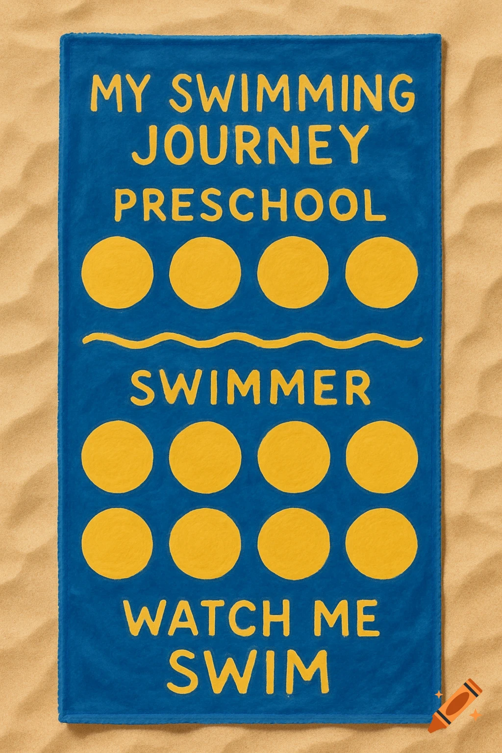 A blue beach towel with yellow circles and text lies on the sand.