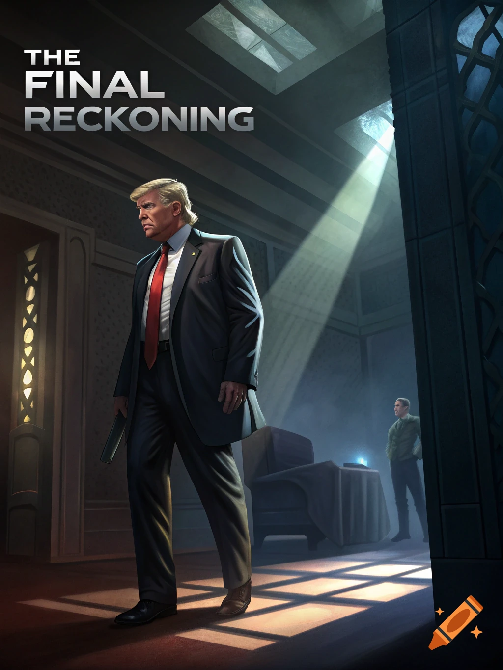 A man resembling Donald Trump stands in a dramatic, dark room, like a movie poster titled The Final Reckoning.