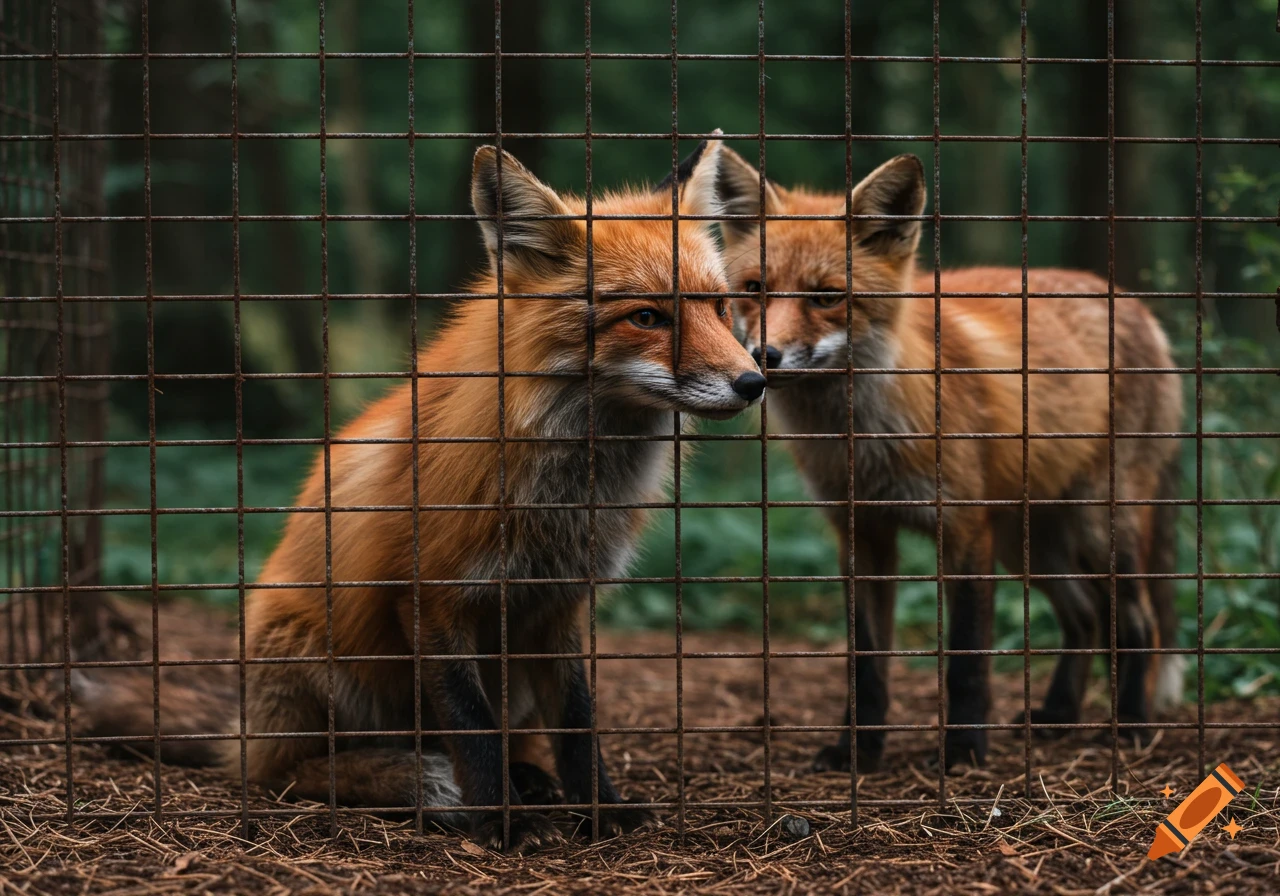 A red fox sits inside a rusty cage looking at another fox outside the cage.