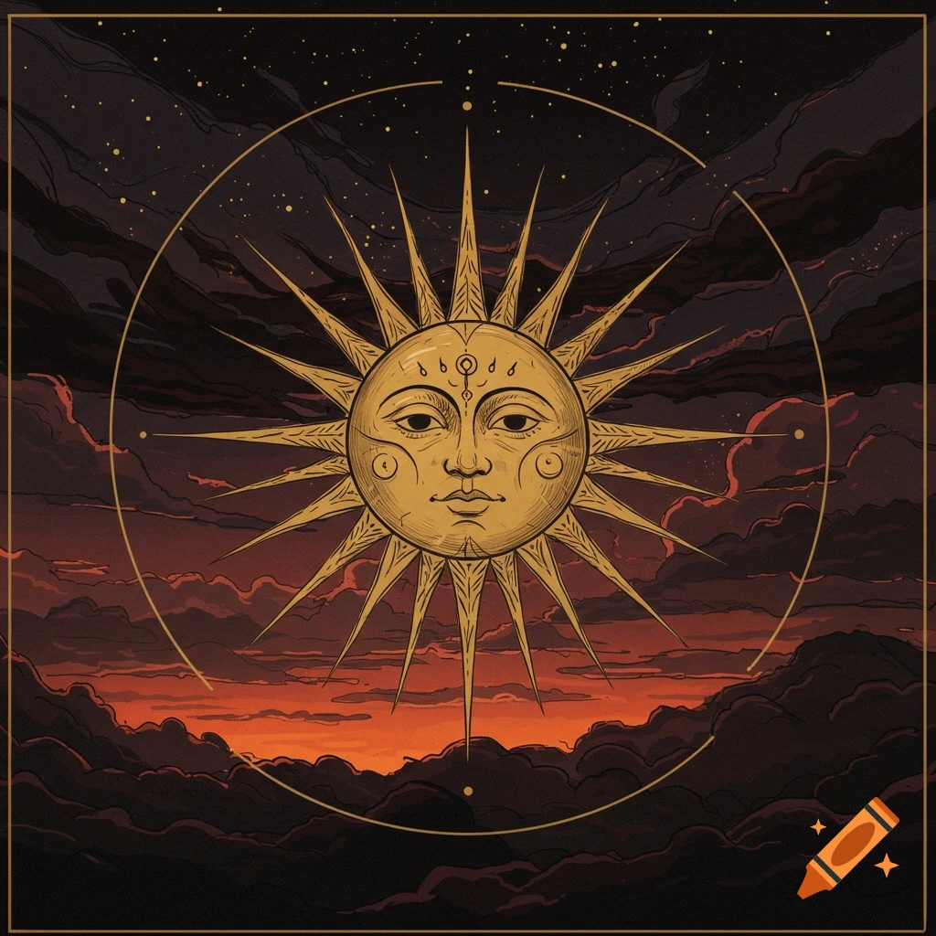 Stylized illustration of a sun symbol with a face against a dark sunset sky