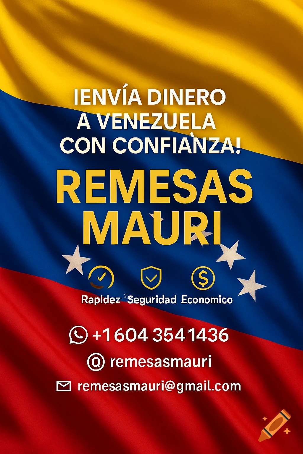 Promotional banner for Remesas Mauri money transfer service with Venezuelan flag background, text, icons, and contact info.