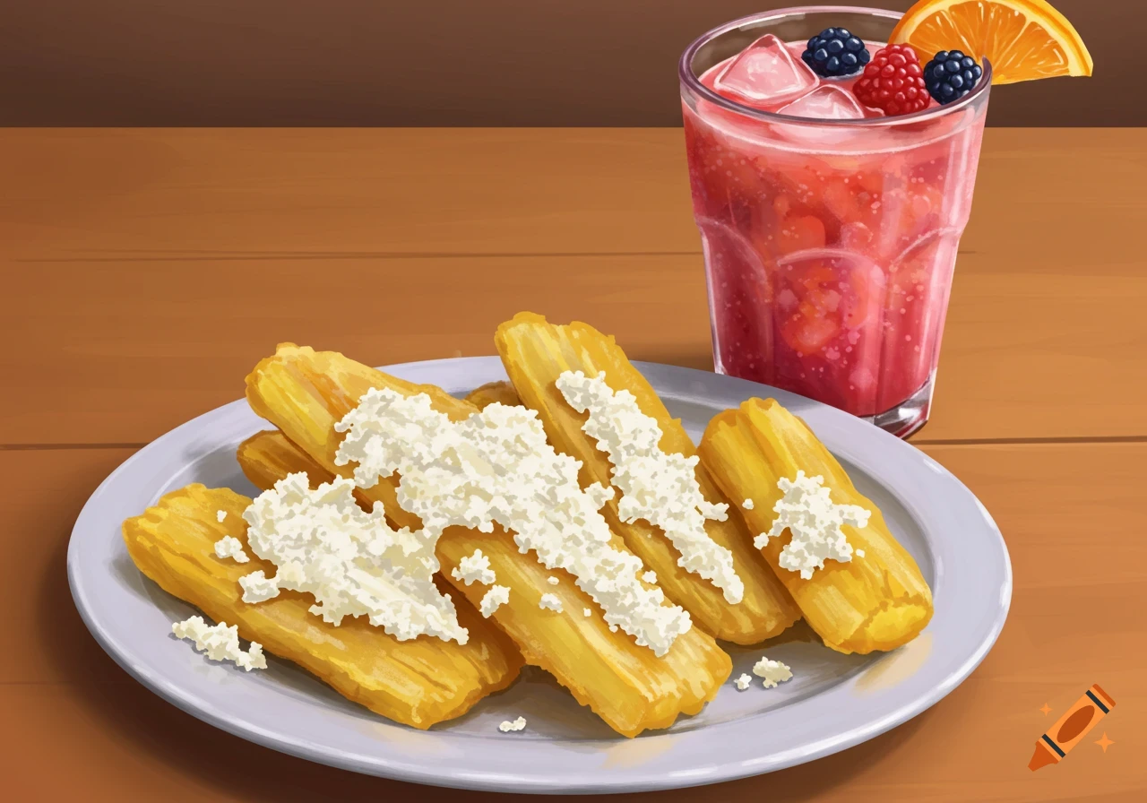 An illustration of yuca with cheese and a fruit drink on a table.
