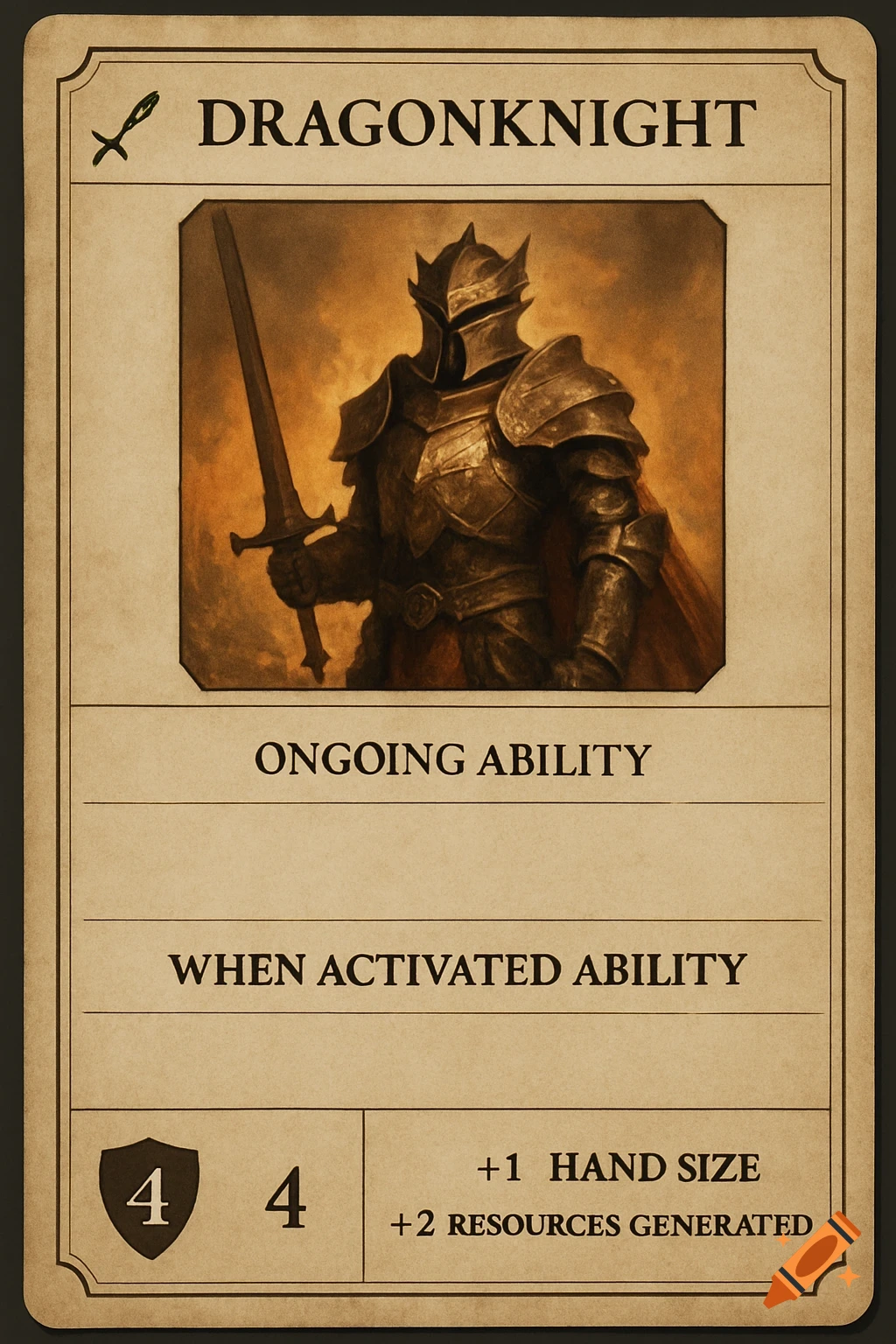 Fantasy trading card for 'Dragonknight' featuring a knight in armor and game stats.
