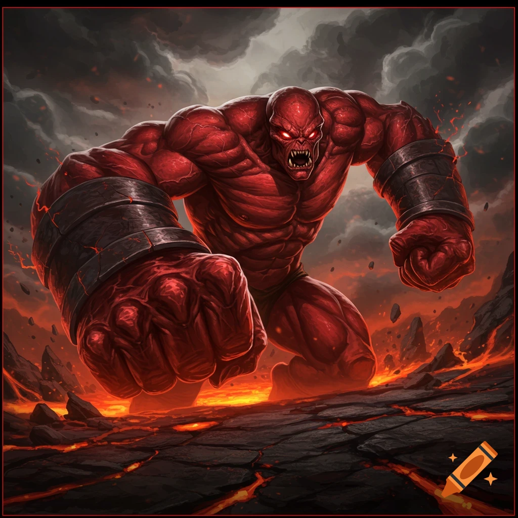 A large red creature in a punching stance stands on volcanic ground under dark clouds.