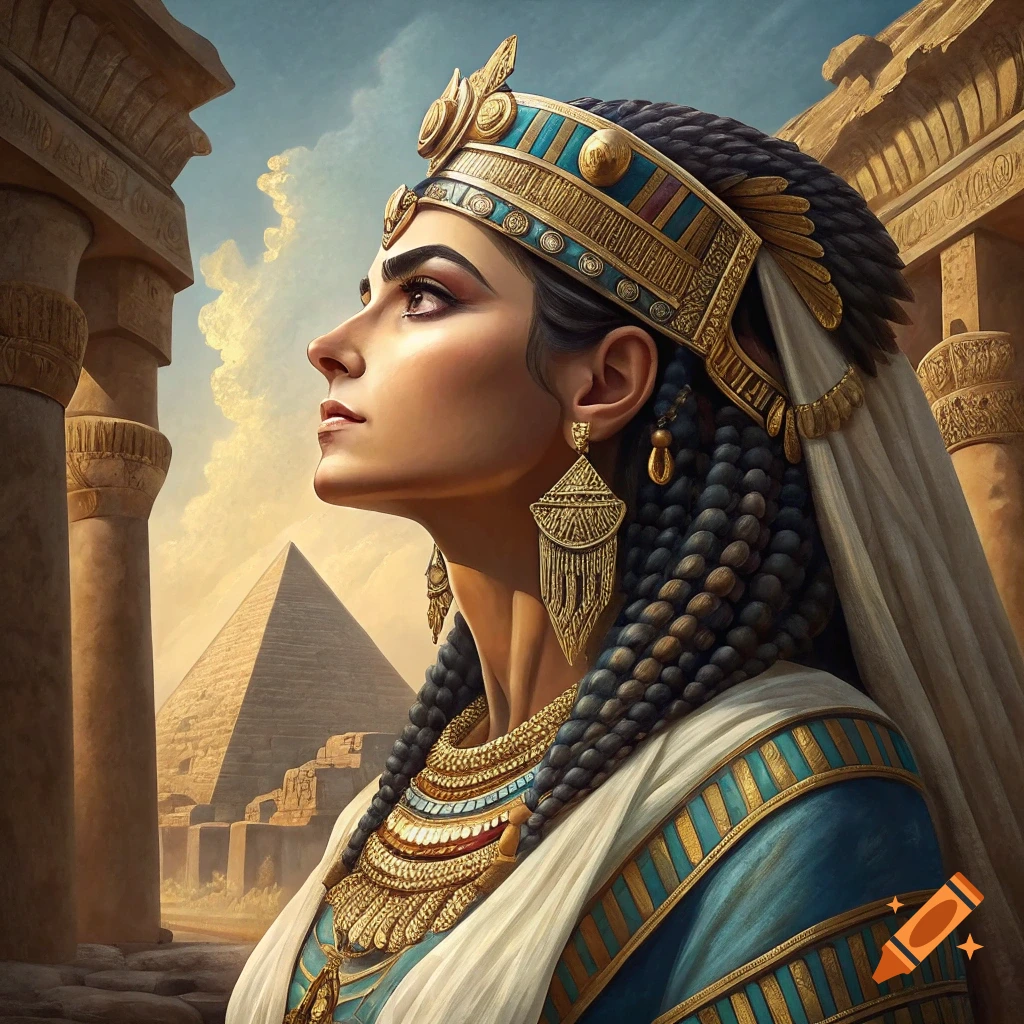 Portrait of Cleopatra in ancient Egyptian attire with pyramid and columns in background.