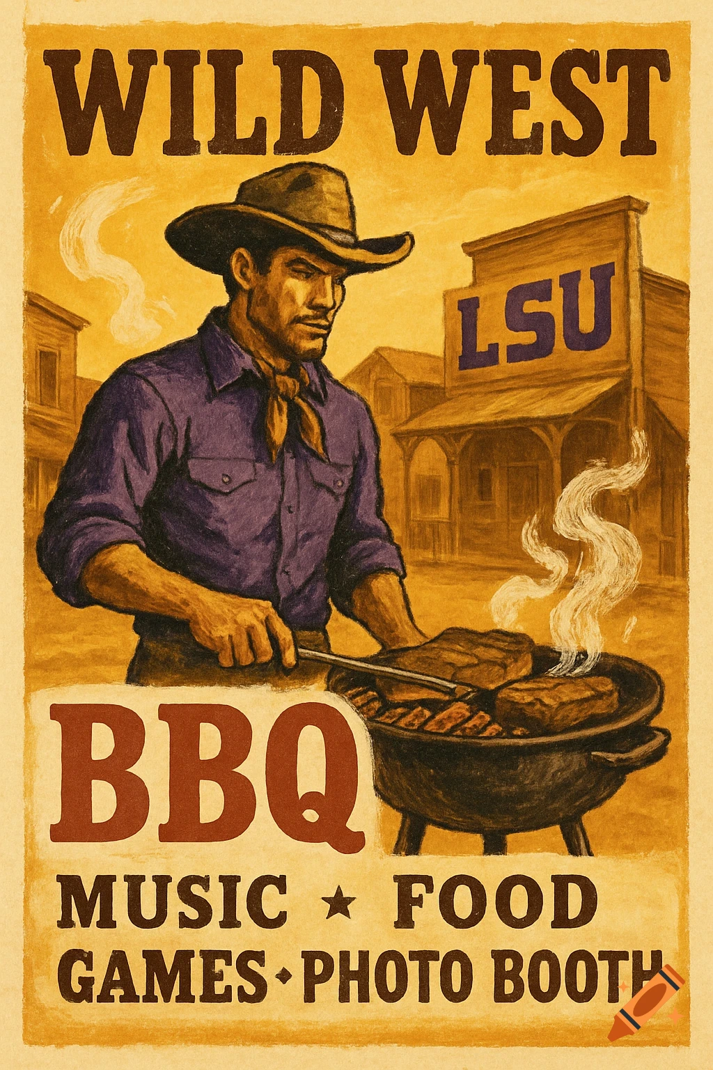 A Wild West themed poster for an LSU BBQ event, showing a cowboy grilling with event details.