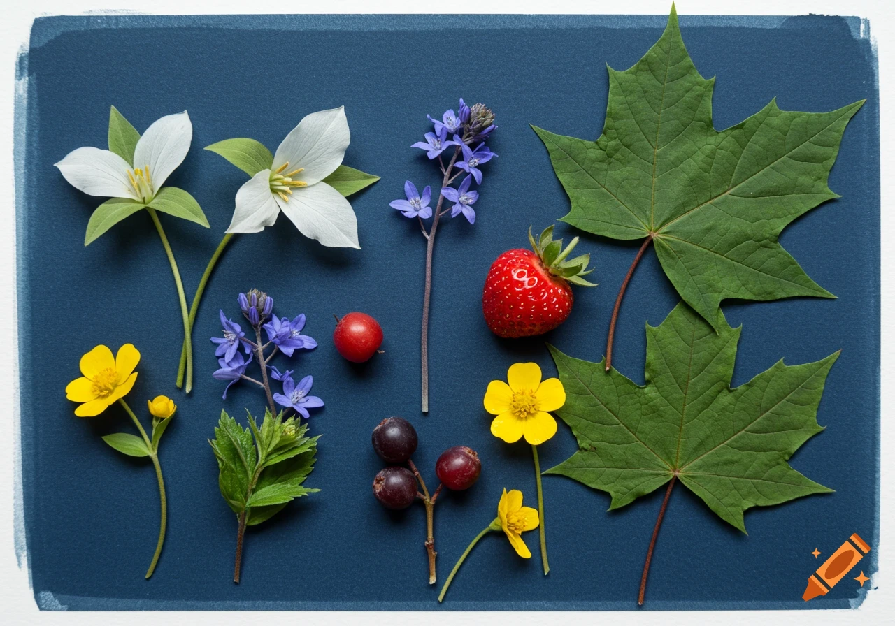 Flat lay of spring flowers, maple leaves, and berries on a blue background, cyanotype style.