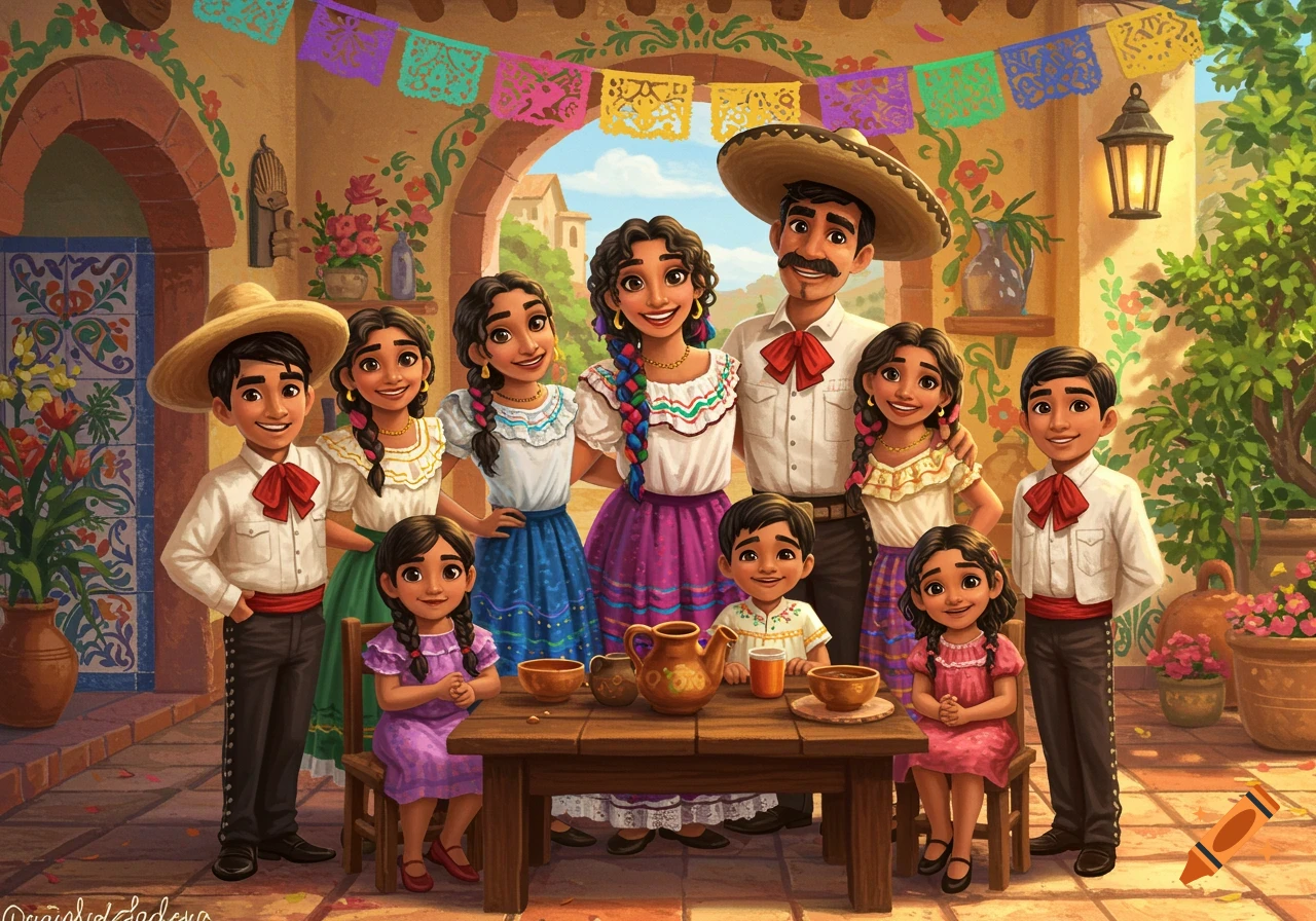 Illustration of a large Mexican family, parents and six children, gathered around a table in a courtyard with traditional decor.