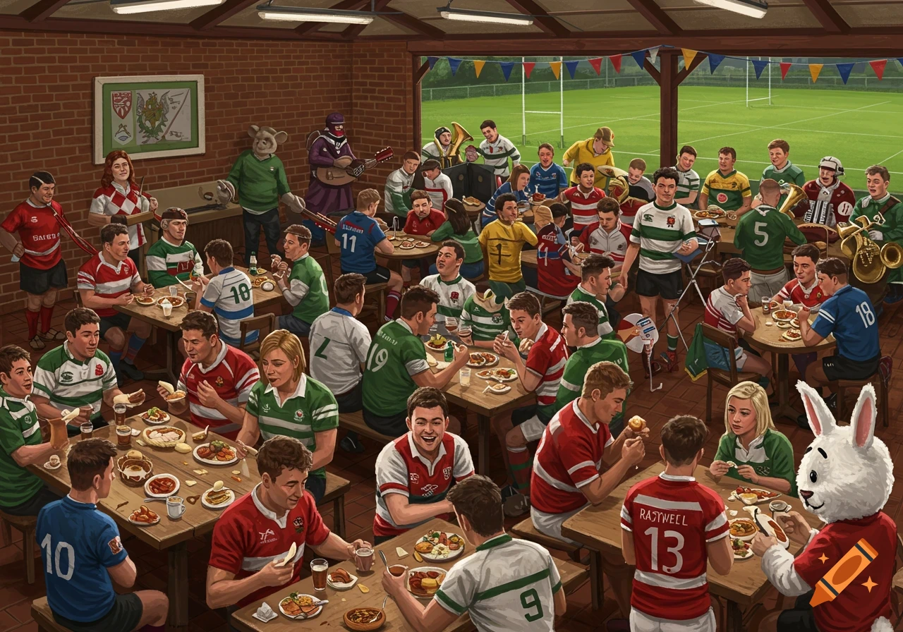 A large group of people in various rugby shirts eat and celebrate in a pavilion overlooking a rugby field. A band plays and a person in a rabbit mascot costume joins the gathering. Detailed illustration style.