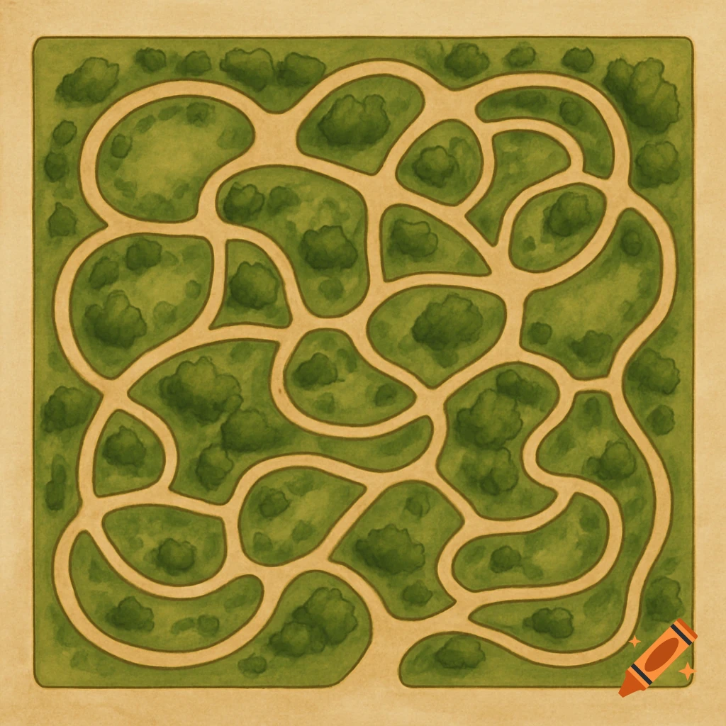 Overhead illustration of a park map or maze with green areas and paths.