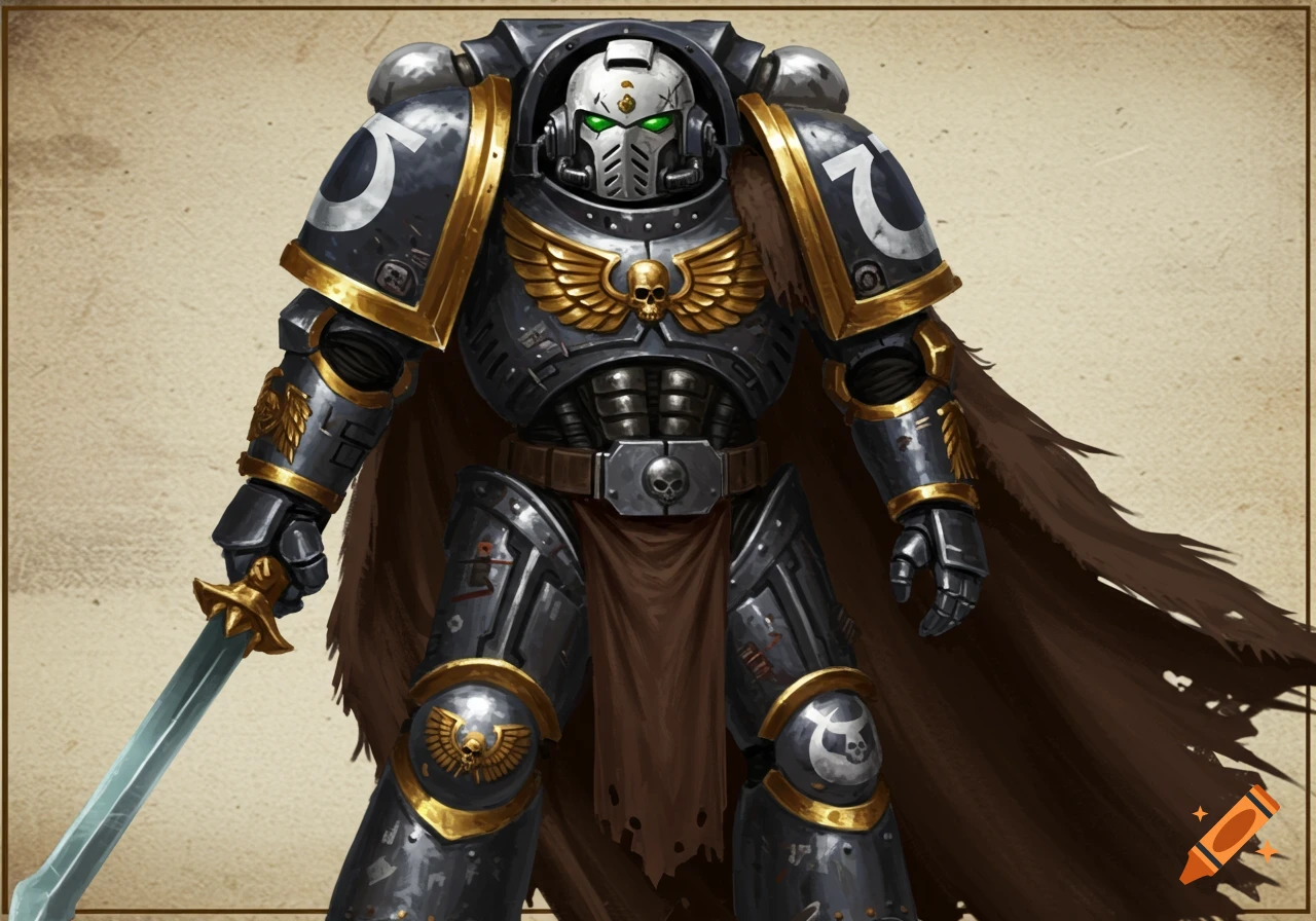 Illustration of a Warhammer Space Marine in dark grey and gold armor, holding a sword.