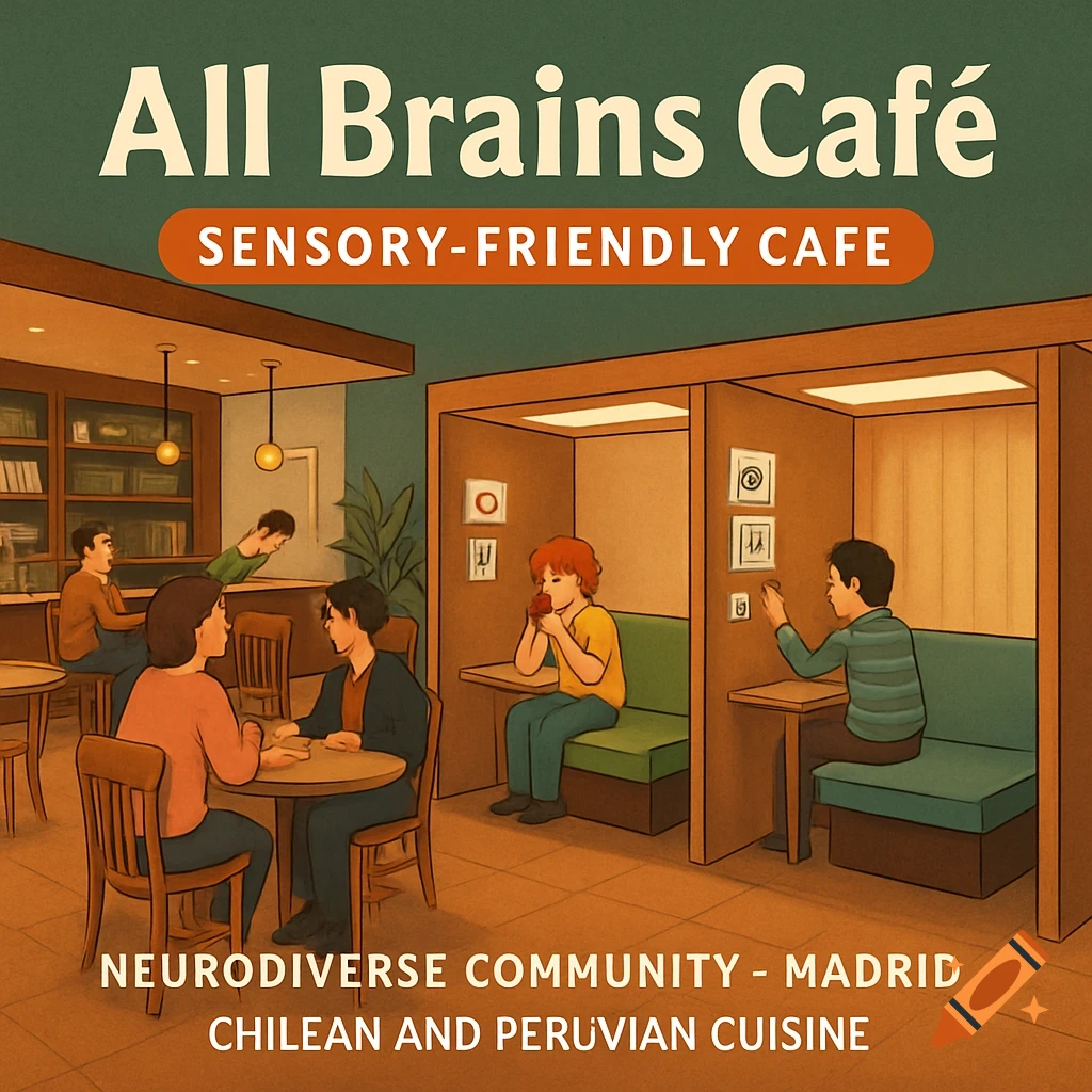 Illustration of a sensory-friendly cafe interior with people. Text includes All Brains Cafe and description.