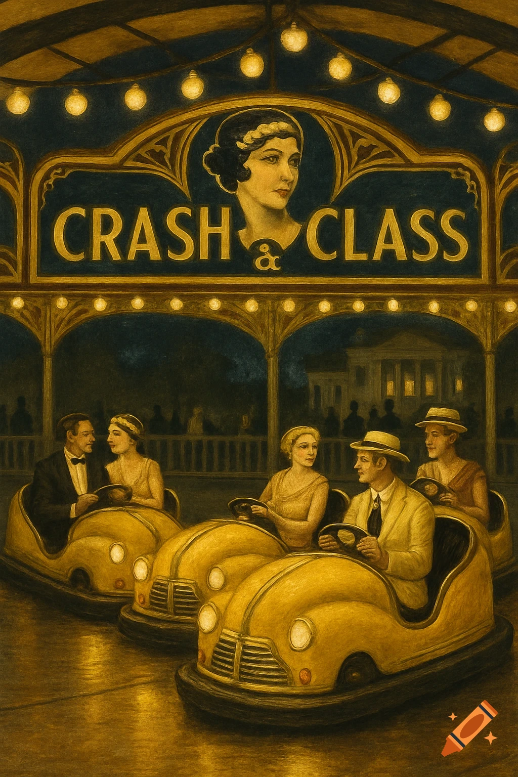 People in vintage clothing ride bumper cars at a theme park called Crash & Class, illustration style.