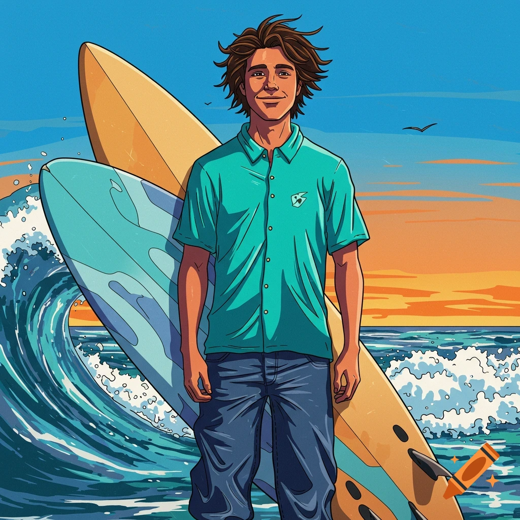 Cartoon surfer dude with his board on a beach with a wave
