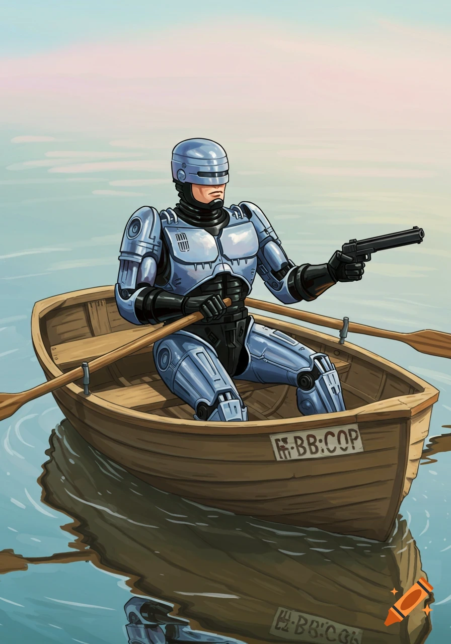 Cartoon illustration of RoboCop rowing a wooden boat on water, holding a pistol in one hand.