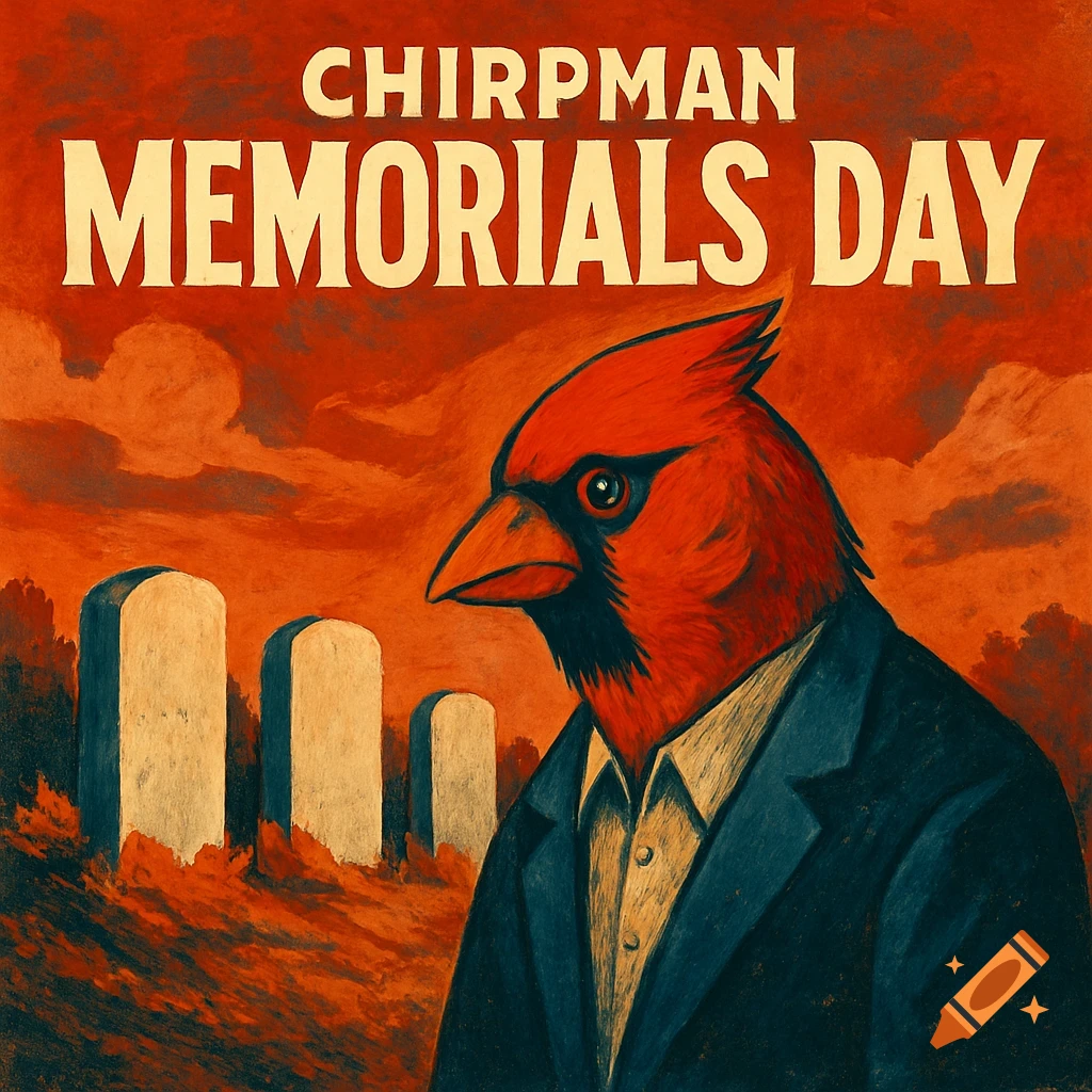 Memorial Bird Rip Red cardinal bird in a suit stands in a graveyard with text
