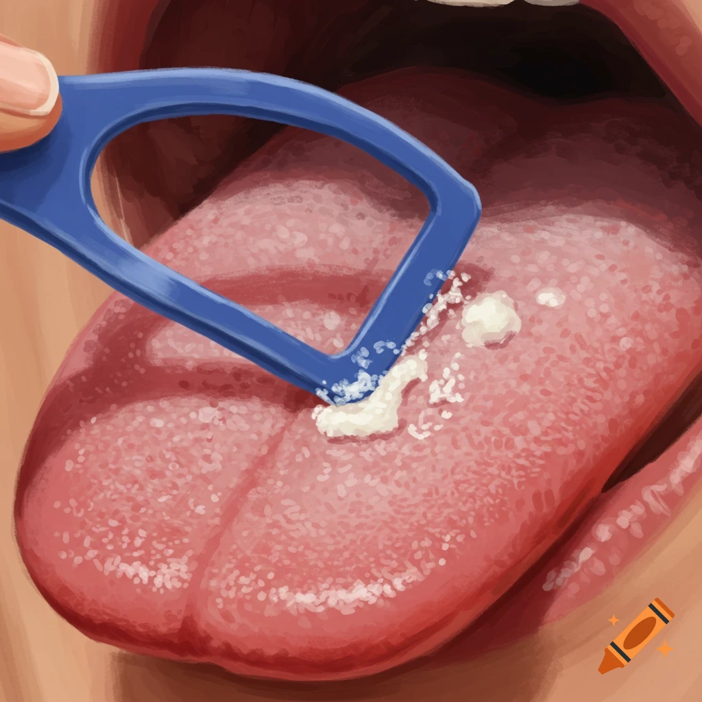 Close-up illustration of a tongue being cleaned with a blue scraper.
