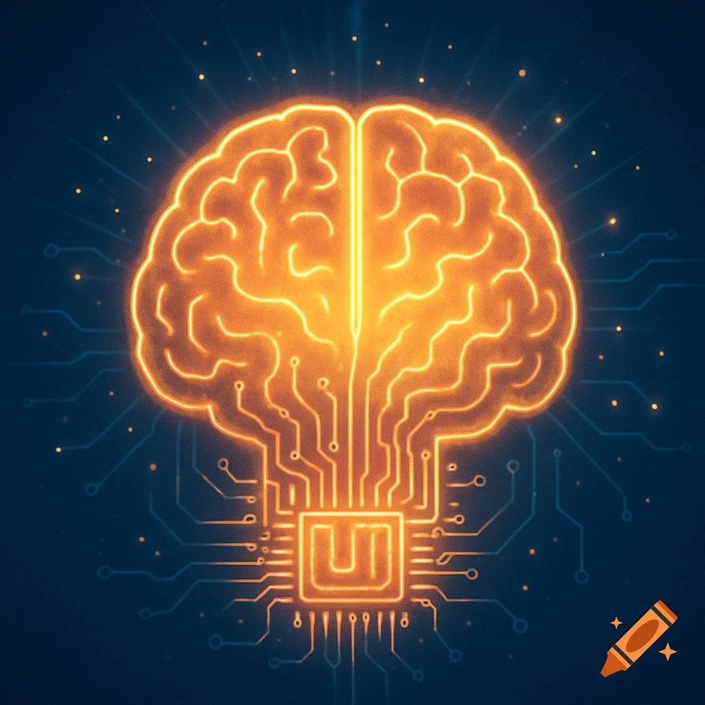 A glowing orange outline of a human brain connected to a circuit board chip on a dark blue background with light rays.