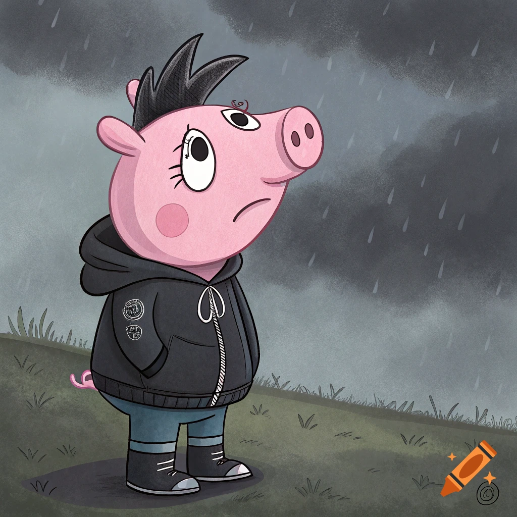 A cartoon pig with spiky hair and an emo hoodie stands in the rain, looking sad.