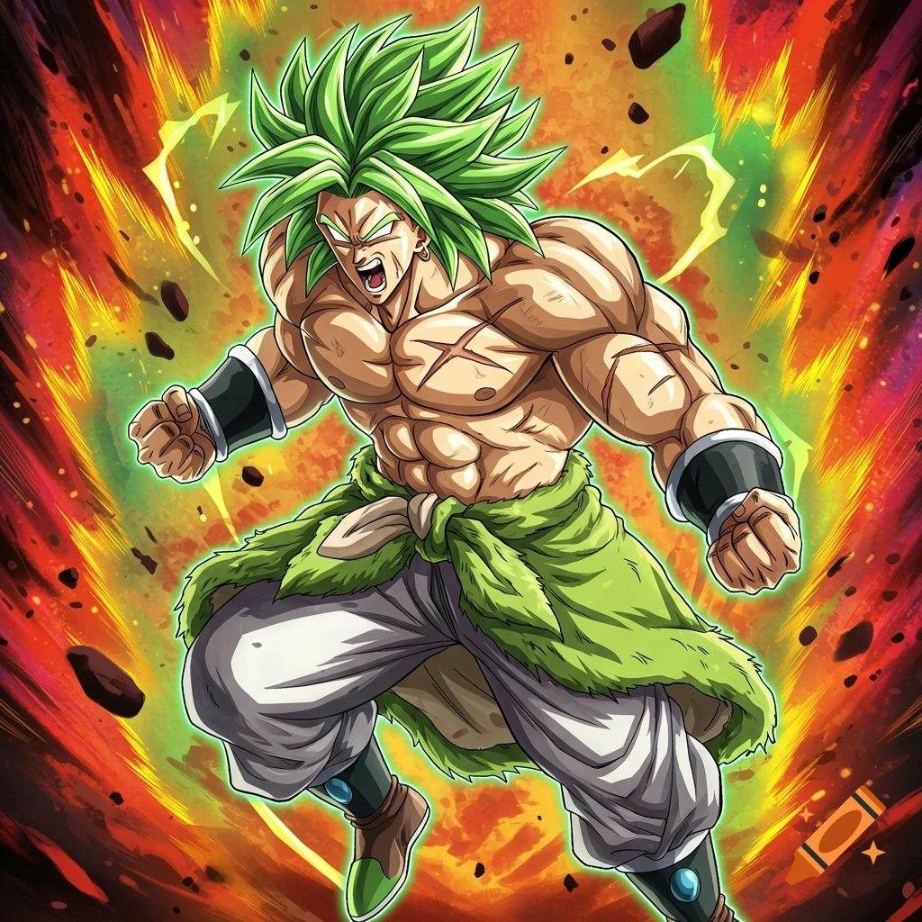 Powerful green-haired anime character with muscular physique charging against a fiery background.