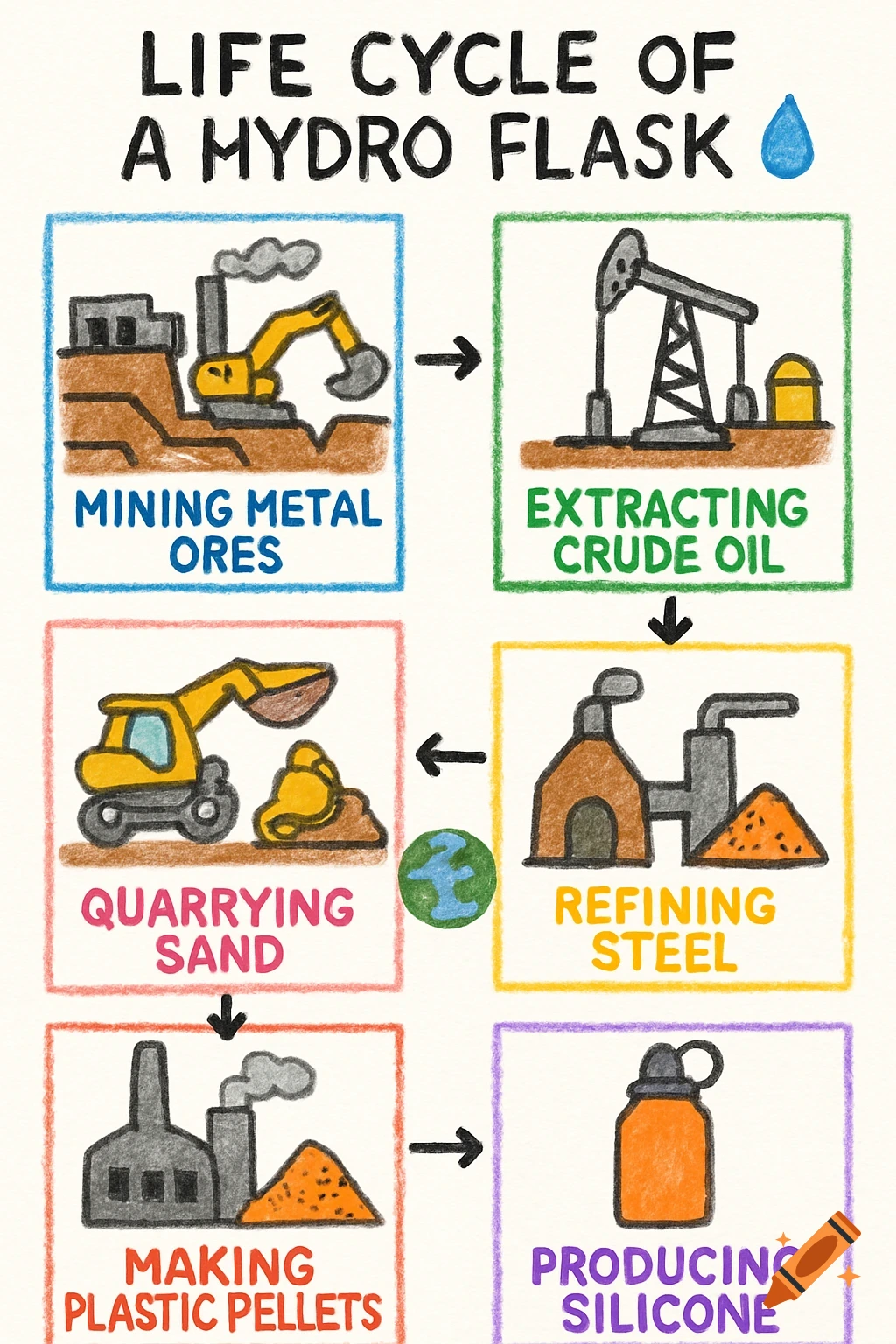 Crayon-style flowchart showing the life cycle of a hydro flask, detailing steps like mining, extraction, quarrying, refining, and production.