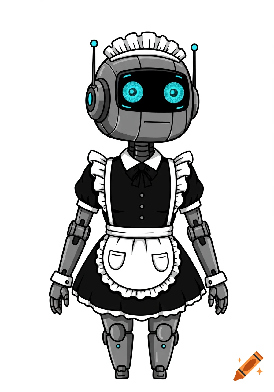 Cartoon illustration of a robot wearing a maid outfit
