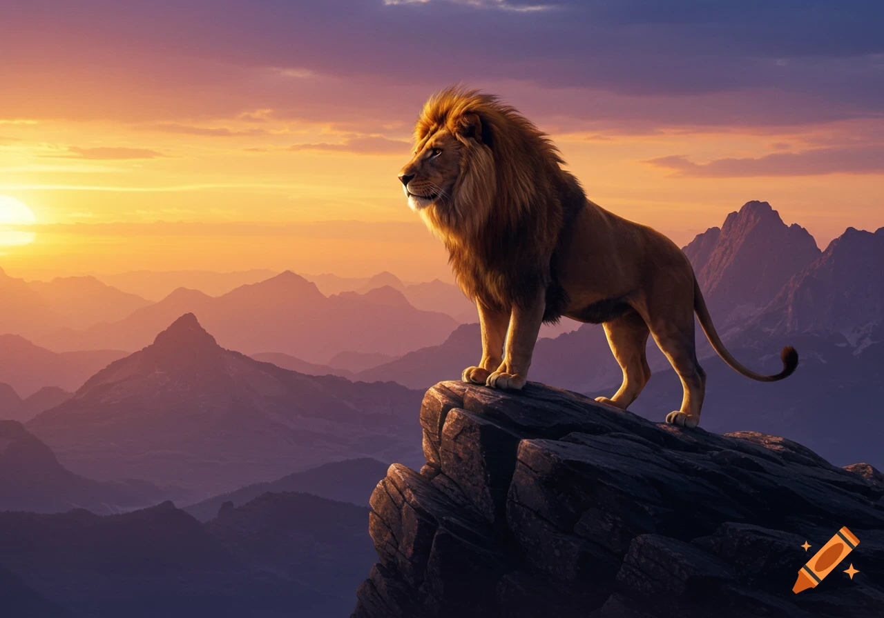 A majestic lion stands on a rocky peak overlooking a mountainous landscape at sunset.