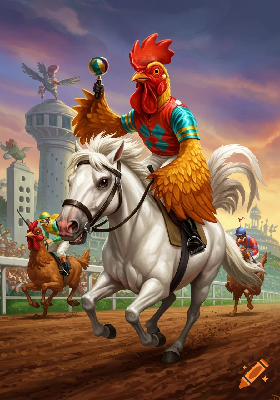 Illustration of a rooster jockey riding a white horse, leading a race ...
