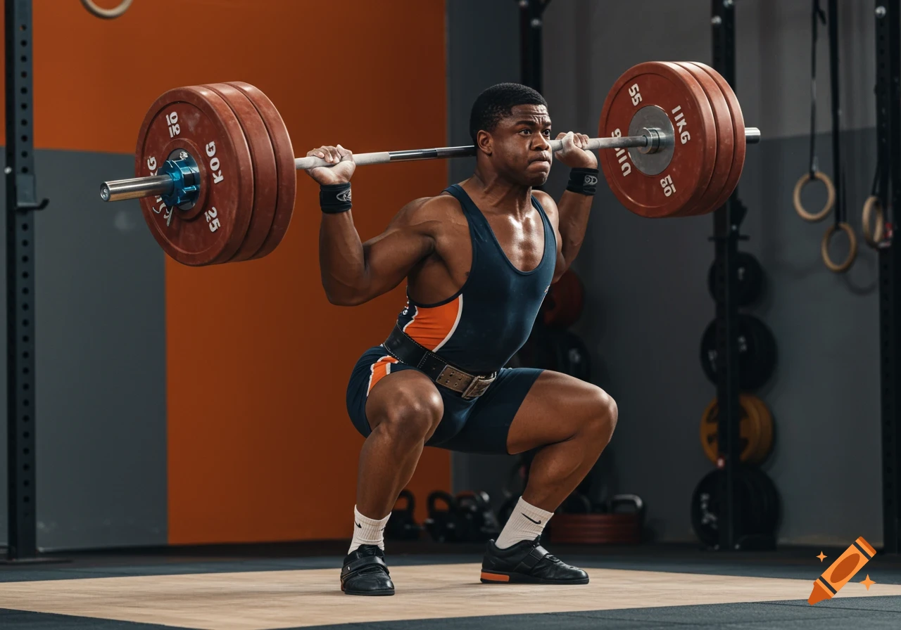 Black male weightlifter in singlet performing an overhead squat in a gym.