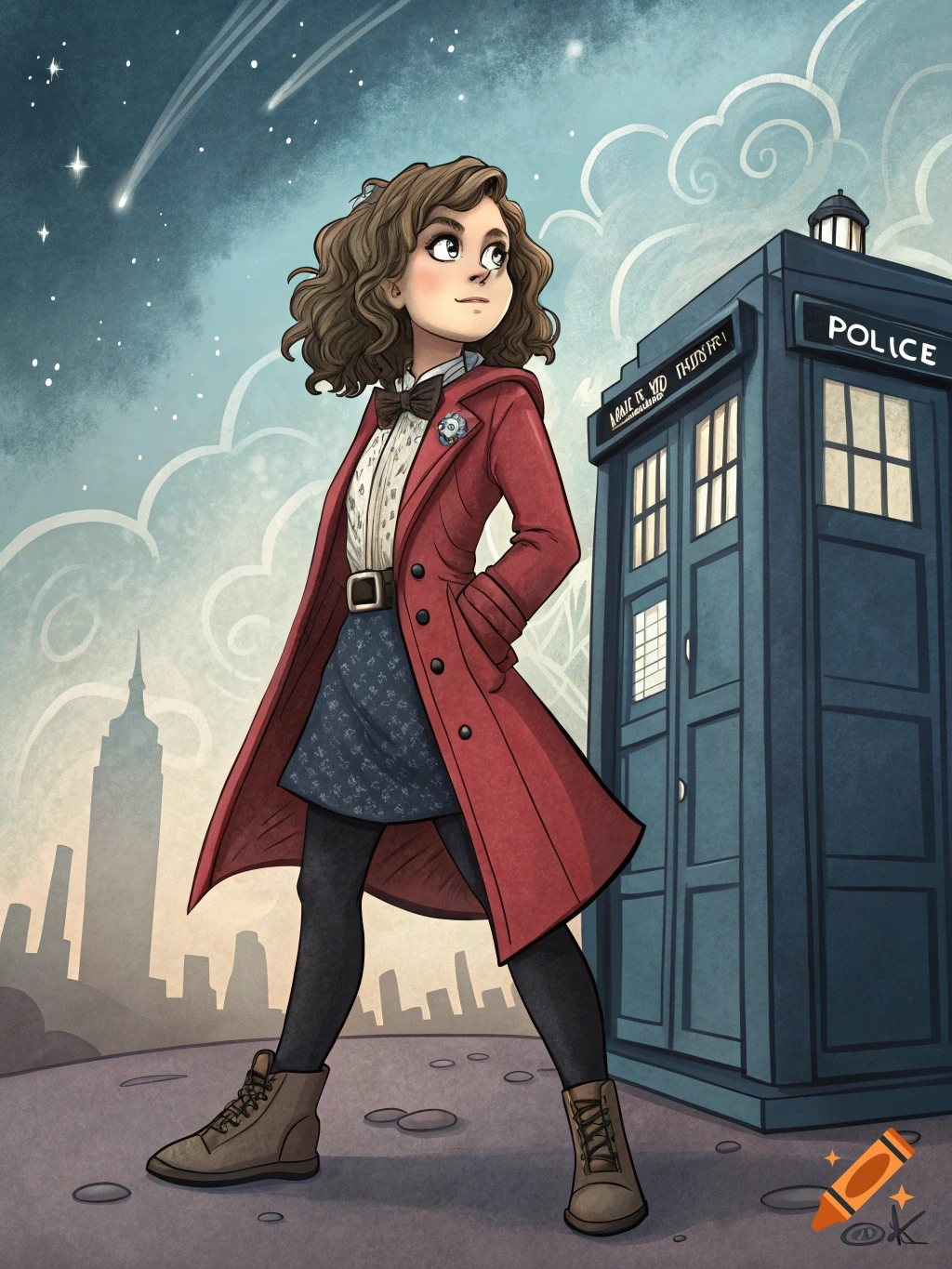Illustration of a cartoon girl in a red coat and bow tie standing next to a blue police box with a city in the background and starry sky.